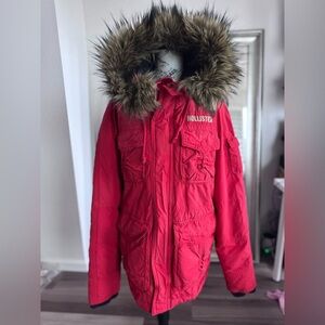 HOLLISTER Vintage 90s Y2K Style Faux Fur Hood Red Military Parka Coat Jacket M
